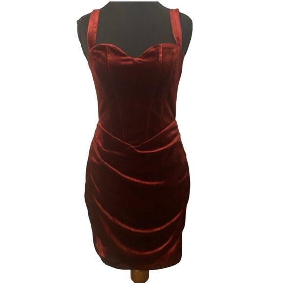 Burgundy Velvet Corset Style Mini Holiday Party Dress Sweetheart Neckline Med - Picture 1 of 9